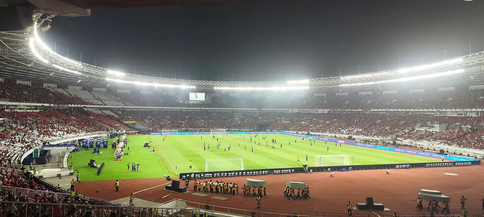 Interior of Stadion Utama Gelora Bung Karno lit for a night match