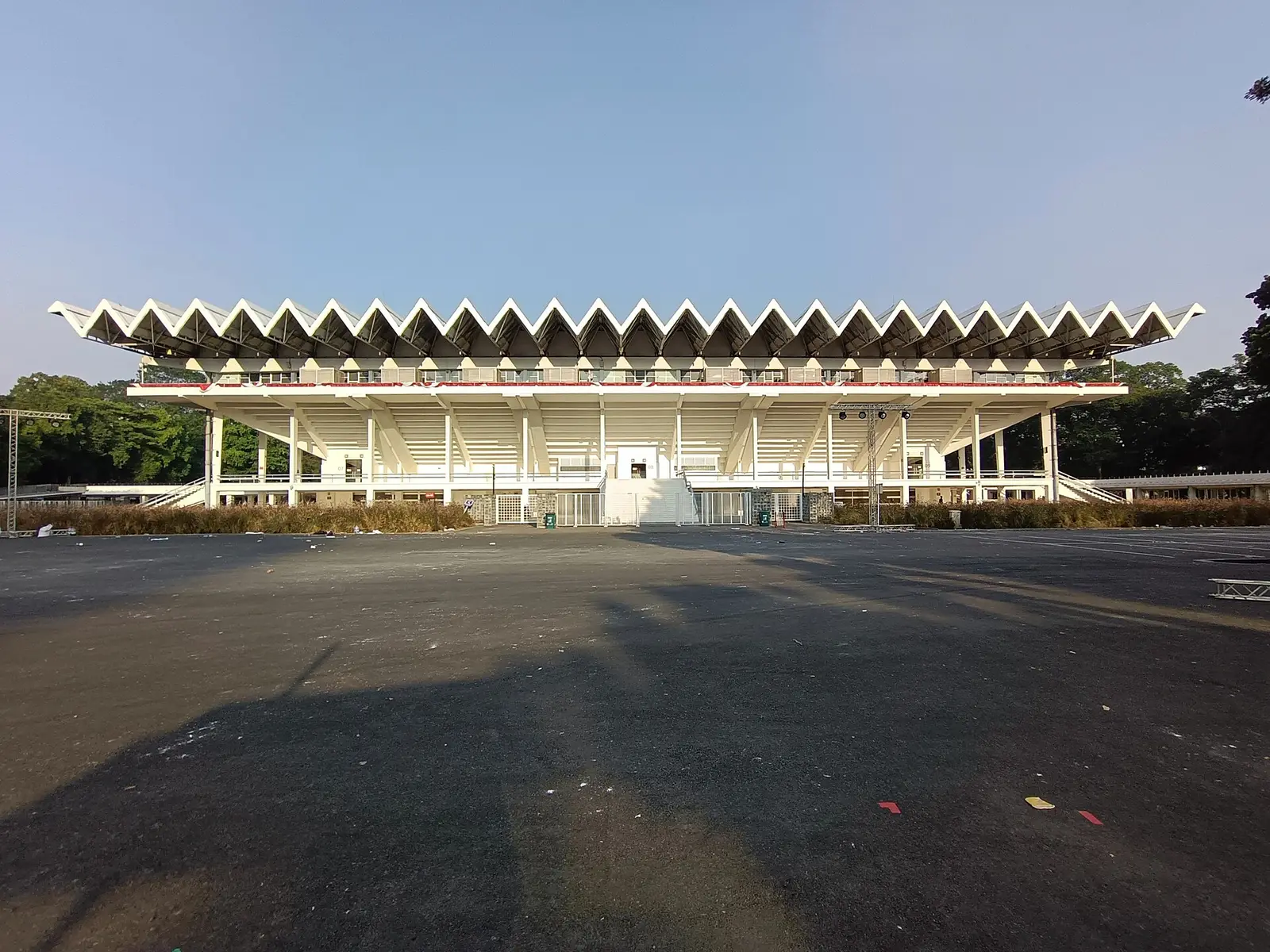 Front of the Istora Senayan badminton arena with its zigzag roofline
